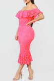 Pink Sexy Off Shoulder Hollow Out Lace Dress