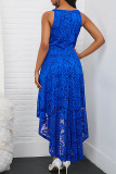 Blue Elegant Solid Patchwork Asymmetrical O Neck A Line Dresses