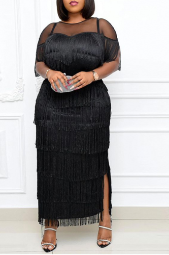 Black Sexy Solid Tassel Mesh O Neck Irregular Dress Dresses
