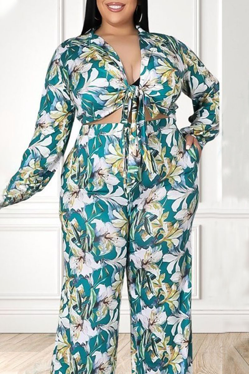 

Green Sexy Print Bandage Split Joint Turndown Collar Plus Size Two Pieces