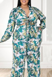 Green Sexy Print Bandage Patchwork Turndown Collar Plus Size Two Pieces