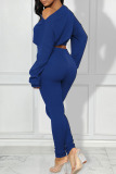 Deep Blue Sexy Solid Patchwork Off the Shoulder Long Sleeve Two Pieces