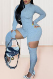 Light Blue Sexy Solid Hollowed Out Patchwork Half A Turtleneck Regular Jumpsuits
