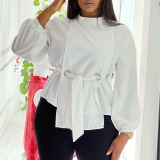 White Casual Solid Bandage Patchwork With Belt O Neck Plus Size Tops