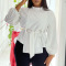 White Casual Solid Bandage Split Joint With Belt O Neck Plus Size Tops
