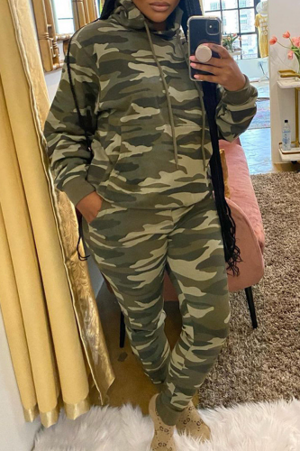 Camouflage Casual Camouflage Print Patchwork Hooded Collar Long Sleeve Two Pieces