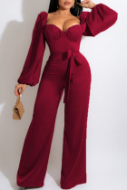 Deep Red Casual Sweet Solid Patchwork Square Collar Straight Jumpsuits
