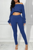 Deep Blue Sexy Solid Patchwork Off the Shoulder Long Sleeve Two Pieces
