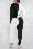 Black White Fashion Casual Patchwork Basic O Neck Long Sleeve Two Pieces