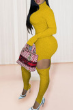 Yellow Sexy Solid Hollowed Out Patchwork Half A Turtleneck Regular Jumpsuits