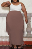 Coffee Fashion Casual Solid Tassel Plus Size Skirt