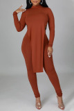 Brown Casual Solid Patchwork Slit O Neck Long Sleeve Two Pieces