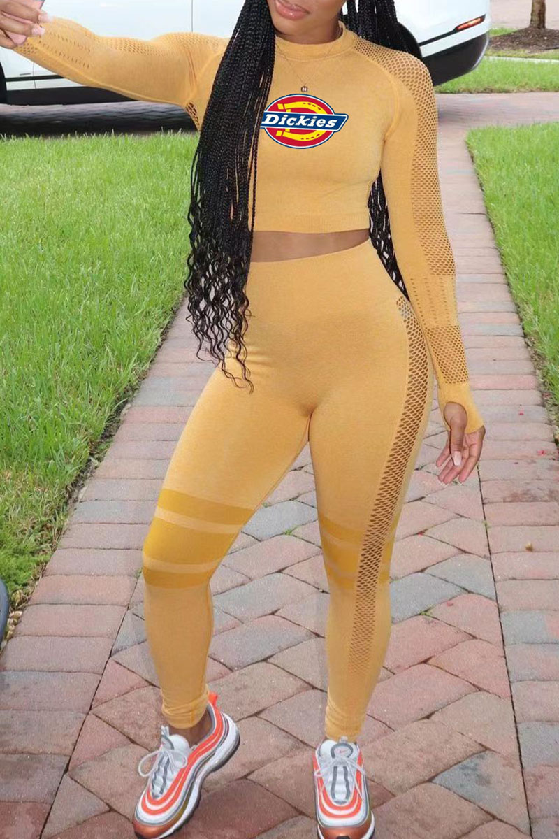 Yellow Fashion Casual Print Split Joint O Neck Long Sleeve Two Pieces