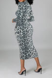 Grey Sexy Leopard Patchwork Half A Turtleneck Pencil Skirt Dresses