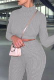 Light Gray Casual Solid Bandage Patchwork Backless Turtleneck Long Sleeve Two Pieces