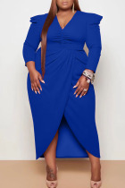 Blue Casual Solid Patchwork Fold Asymmetrical V Neck Princess Plus Size Dresses