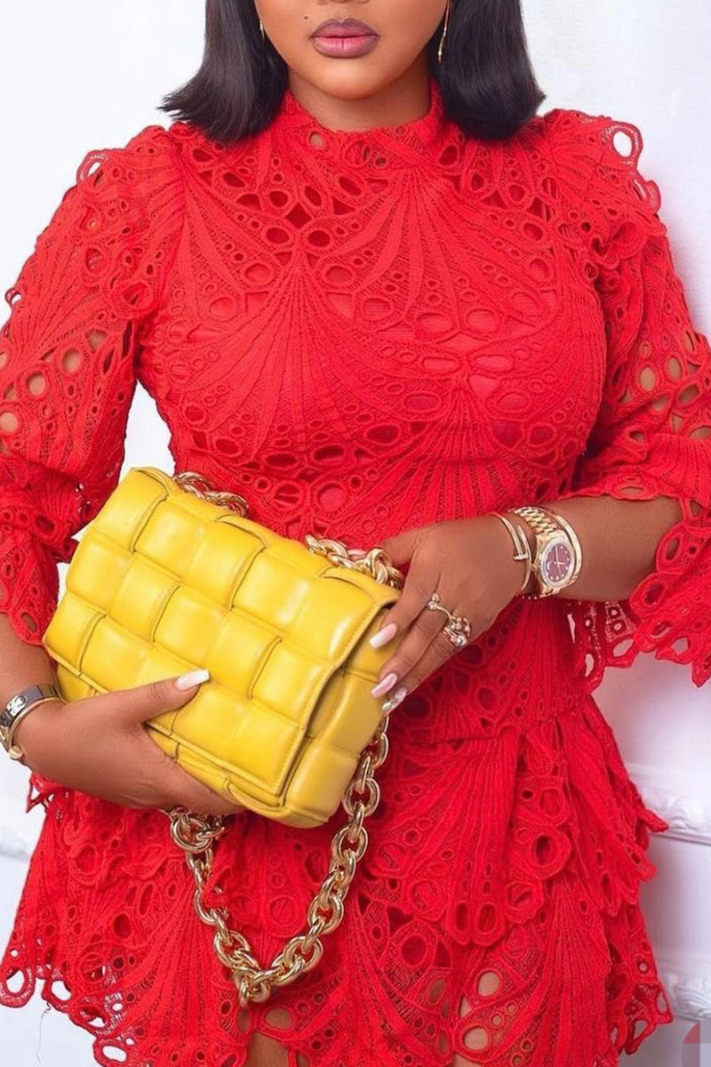 

Red Sweet Solid Embroidery Split Joint Asymmetrical O Neck A Line Plus Size Dresses