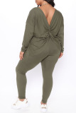 Army Green Sexy Solid Backless V Neck Plus Size Two Pieces