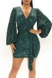 Green Sexy Solid Patchwork Sequins V Neck One Step Skirt Dresses