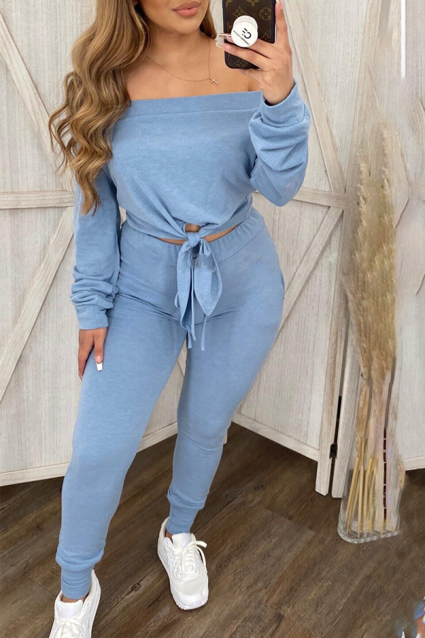 Baby Blue Sexy Solid Patchwork Off the Shoulder Long Sleeve Two Pieces