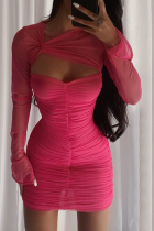 Rose Red Sexy Solid Mesh O Neck Pencil Skirt Dresses