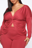 Red Sexy Solid Backless V Neck Plus Size Two Pieces