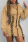 Khaki Casual Solid Bandage Patchwork Zipper Hooded Collar One Step Skirt Dresses