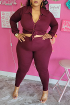 Burgundy Casual Solid Buckle Turndown Collar Plus Size Two Pieces