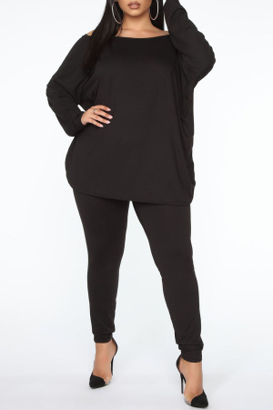 Black Sexy Solid Backless V Neck Plus Size Two Pieces