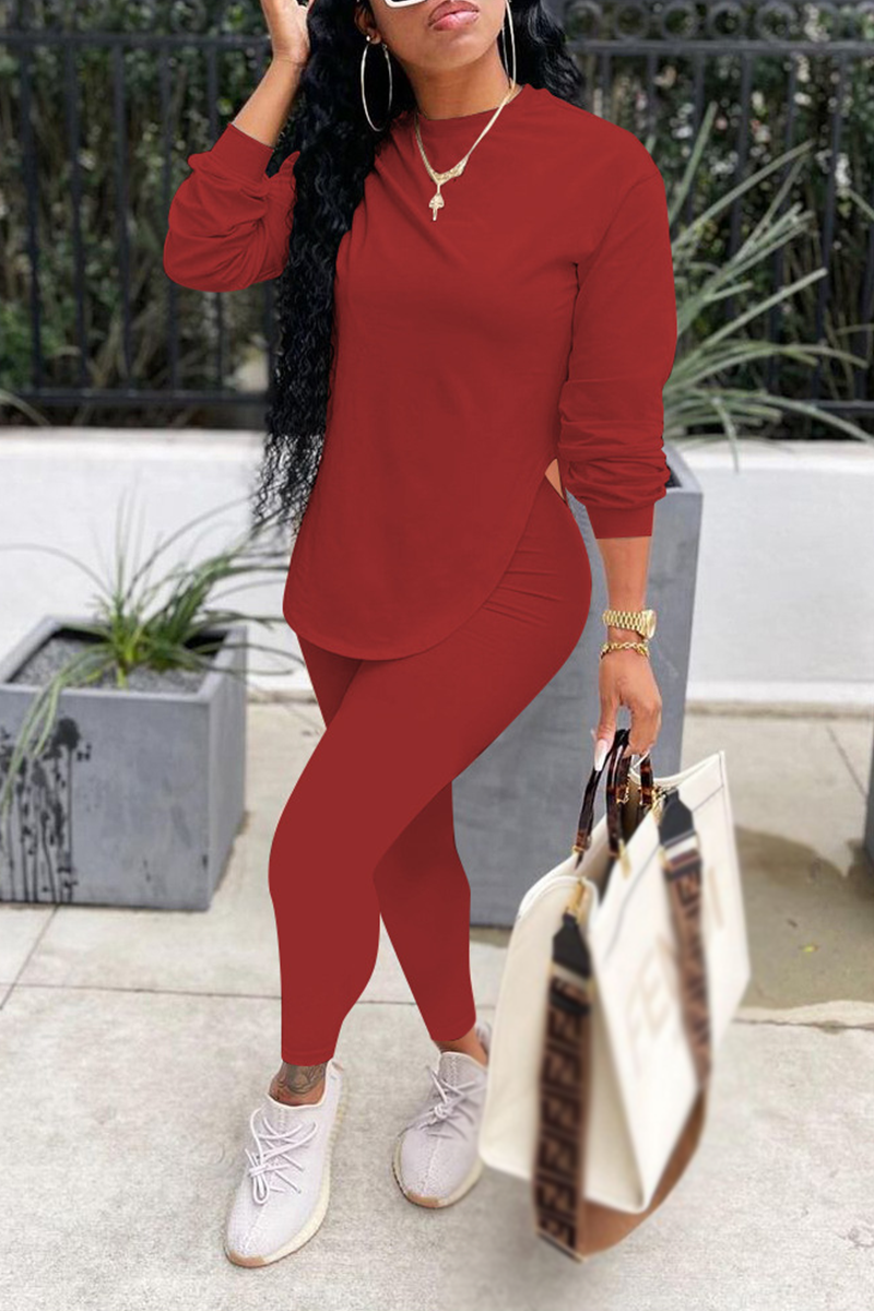 

Red Casual Solid Split Joint O Neck Long Sleeve Two Pieces