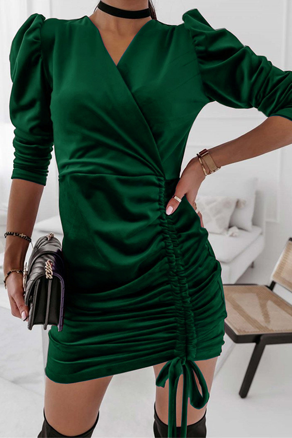 

Green Elegant Solid Split Joint Draw String V Neck Pencil Skirt Dresses