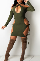 Ink Green Sexy Hollowed Out Split Joint Halter One Step Skirt Dresses