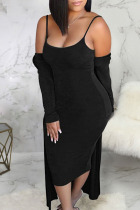 Black Sexy Solid Split Joint Sleeveless Two Pieces