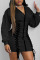 Black Casual Solid Bandage Split Joint Zipper Hooded Collar One Step Skirt Dresses