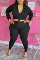 Black Casual Solid Buckle Turndown Collar Plus Size Two Pieces