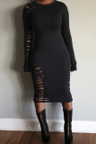 Black Casual Broken Holes Twilled Satin Knee Length Dress