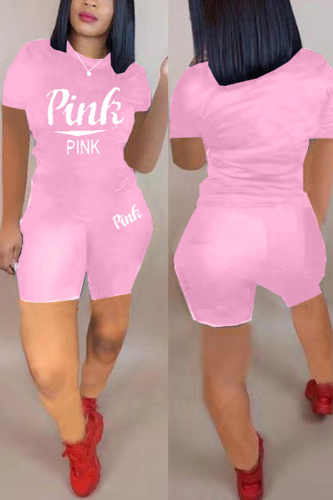 Pink Fashion Casual Letter Print T-shirt Shorts Set