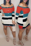 Multicolor Fashion Casual Patchwork Backless Off the Shoulder Long Sleeve Dresses
