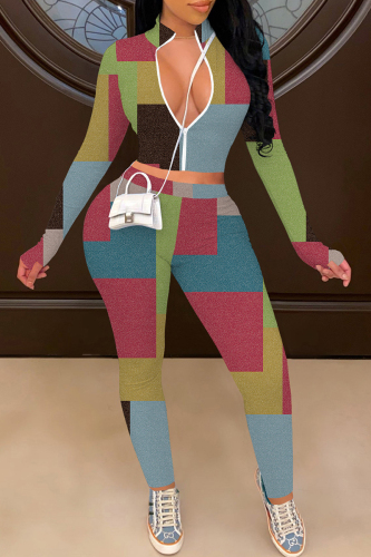 Multicolor Fashion Casual Print Patchwork Zipper Collar Long Sleeve Two Pieces