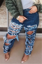 Dark Blue Denim Zipper Fly Button Fly High washing Hole Zippered Pocket Straight Pants Pants