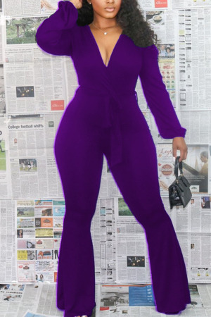 purple Sexy Solid Bandage V Neck Skinny Jumpsuits