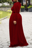 Burgundy Fashion Casual Solid Hollowed Out Slit O Neck Long Sleeve Two Pieces