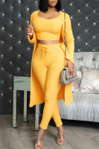 Yellow Fashion Casual Solid Cardigan Vests Pants O Neck Long Sleeve Three-piece Set