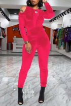 Watermelon Red Casual Solid Split Joint Fold O Neck Skinny Jumpsuits