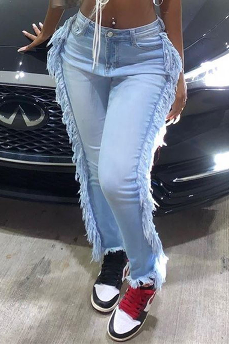 

Blue Fashion Casual Solid Tassel Mid Waist Regular Denim Jeans