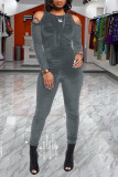 Grey Casual Solid Patchwork Fold O Neck Skinny Jumpsuits