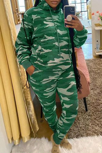 Green Casual Camouflage Print Patchwork Hooded Collar Long Sleeve Two Pieces