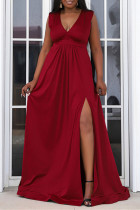Red Fashion Sexy Plus Size Solid Slit V Neck Sleeveless Evening Dress