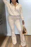 White Casual Solid Zipper Turndown Collar Long Sleeve Two Pieces