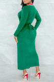 Green Casual Solid Bandage Split Joint V Neck One Step Skirt Dresses